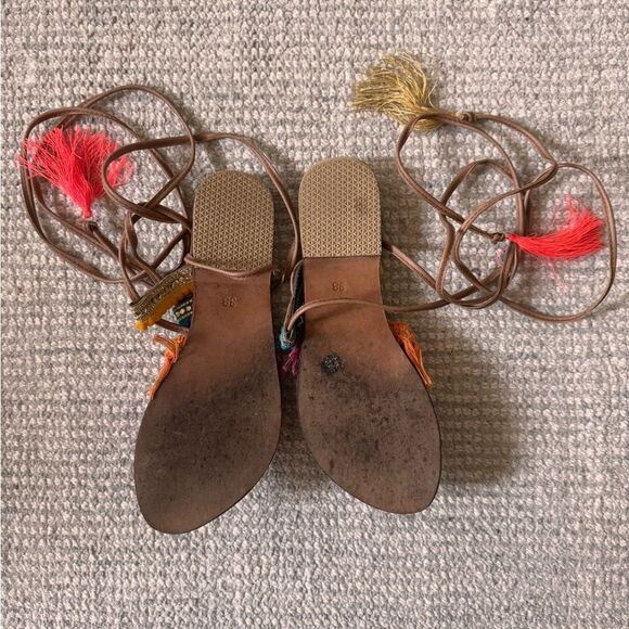 Greek Bohemian Embroidered Leather Sandals with Pom Poms & Tassels - Picture 4 of 4